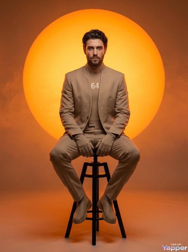A man with short curly hair and light facial hair sitting on a tall black stool, centered compositio