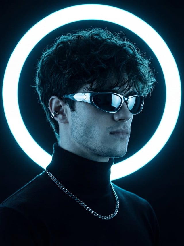 captured in a dark studio environment with a strong minimalist and futuristic aesthetic. The subject