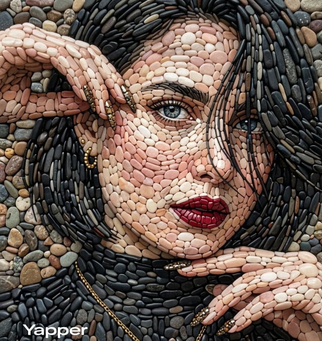 A highly detailed pebble mosaic portrait of a beautiful woman, where the entire image is constructed