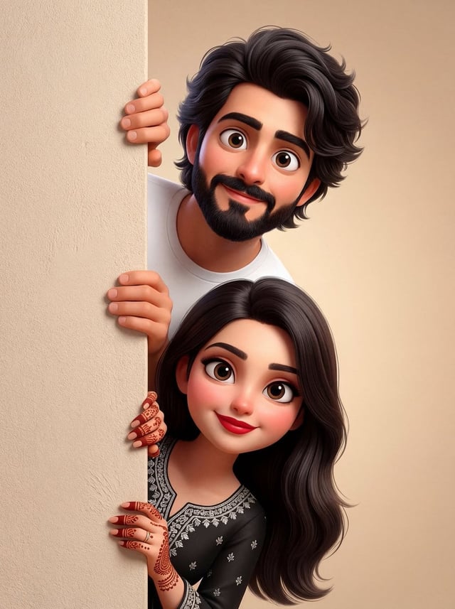 High-quality stylized 3D Pixar/Disney style cartoon illustration of a man and woman playfully peekin