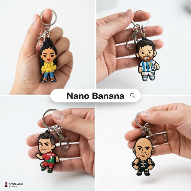 Close-up photo of a cute, colorful rubber keychain held gently in a person’s hand. The keychain feat