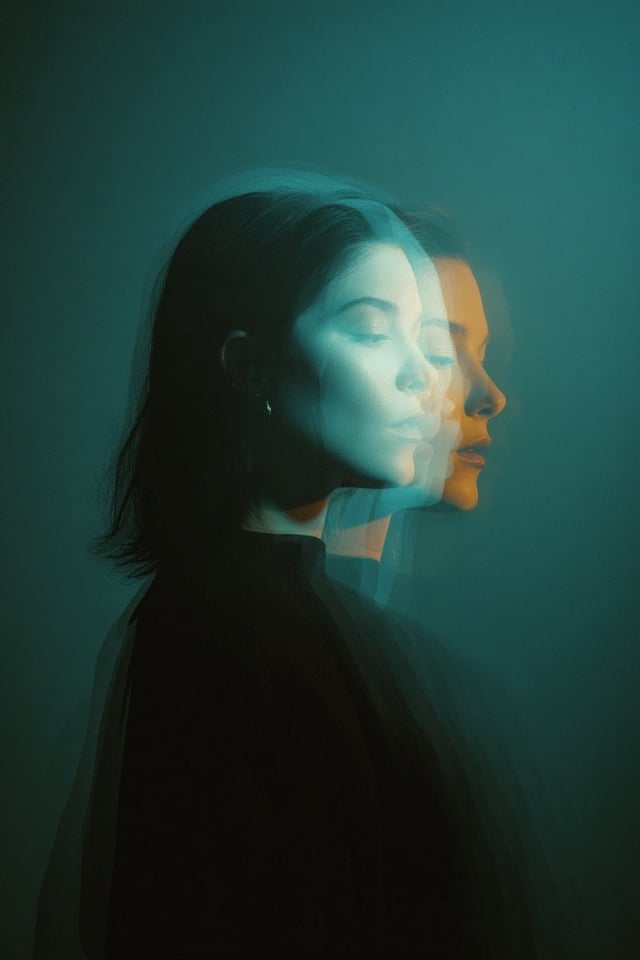 Cinematic double exposure portrait of a woman in side profile, two overlapping faces slightly offset