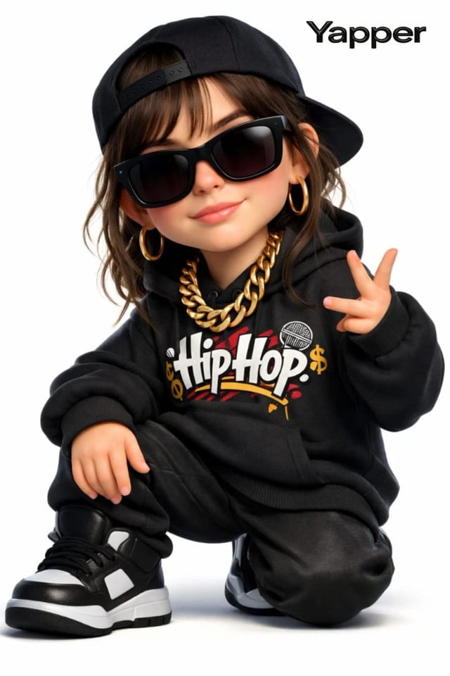 Create a 3D cartoon-style woman with a rap style (the face is inspired by the reference image). She 