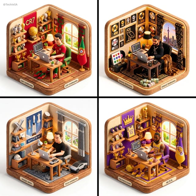 Generate a 3D isometric diorama illustration of [CHARACTER] working from home at a desk with a lapto