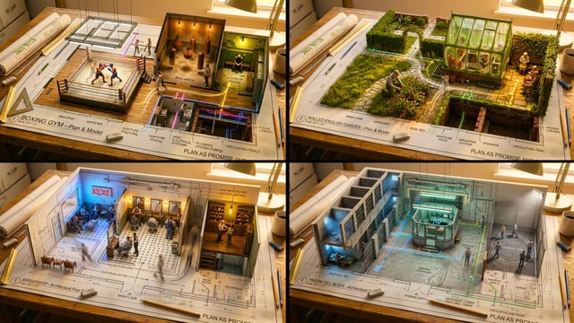 An architectural floor plan of a [LOCATION] spread across a drafting table, with the spaces rising i