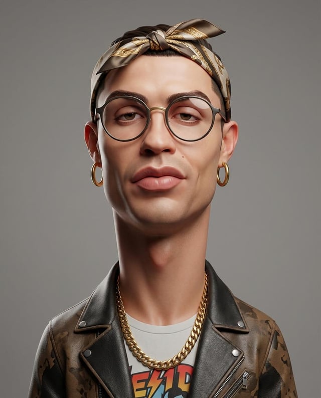 Create an exaggerated stylized 3D caricature character portrait with strong intentional deformation 