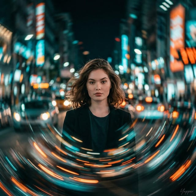 cinematic portrait of a young woman standing perfectly still as the city around her spirals in circu