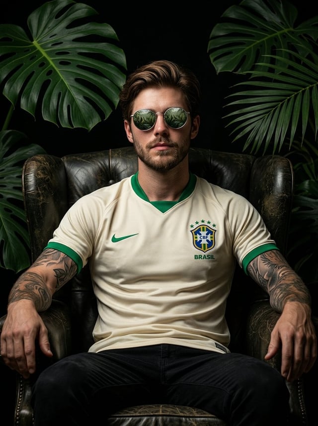 Cinematic portrait of a confident football player sitting on a dark armchair, tropical jungle leaves