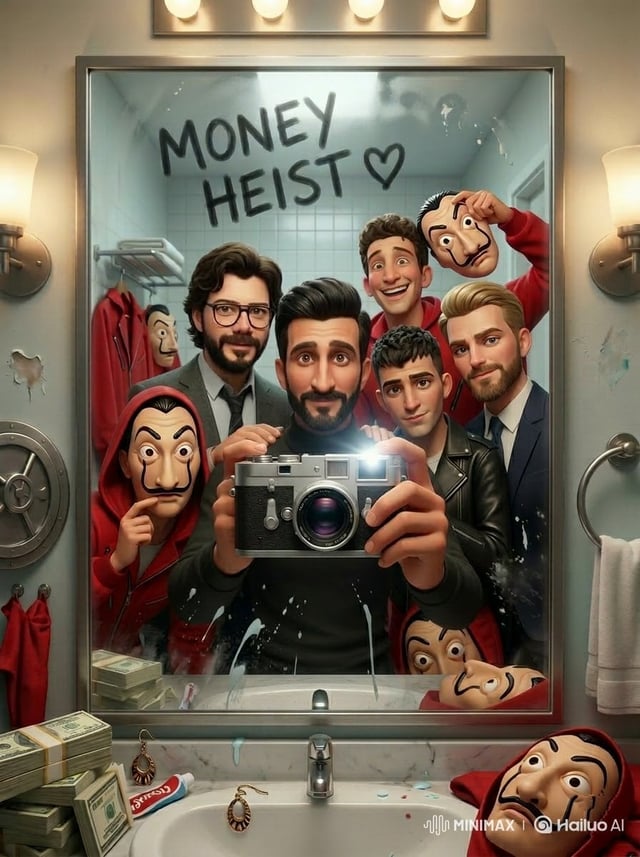Cinematic mirror selfie scene inspired by a retro 80s sci-fi horror vibe, a group of teenagers and a