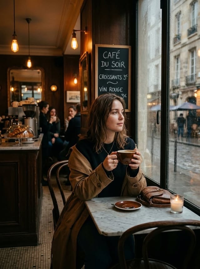 Cinematic photo of a young woman sitting alone in a cozy Parisian café on a rainy day, holding a cup