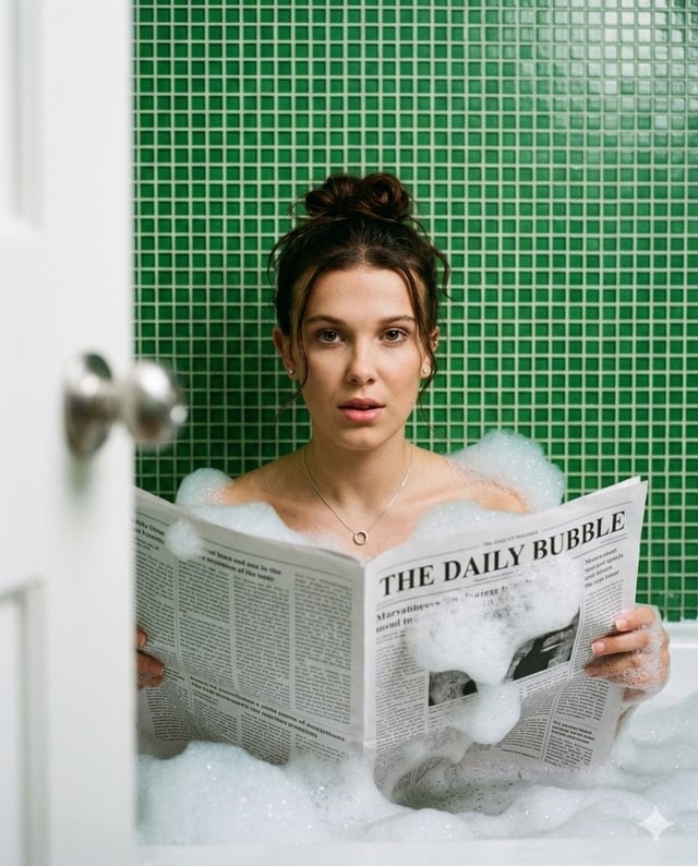 A young blonde Hollywood actress, similar to Sydney Sweeney, appears inside a bathtub filled with fo