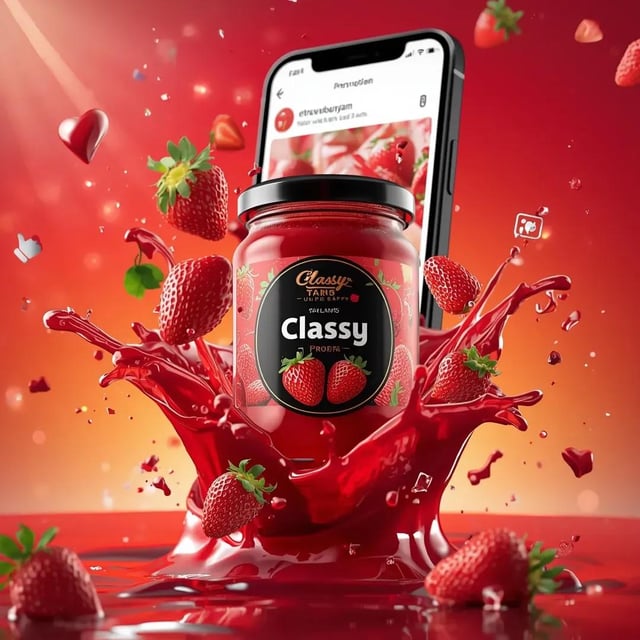 Ultra-realistic commercial food product advertising scene featuring a glass jar labeled "Classy Stra