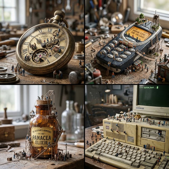 Create a hyper-realistic macro photograph of a miniature surreal scene. The environment is dominated