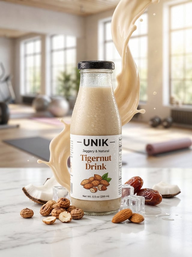 Ultra-realistic lifestyle beverage advertisement featuring a chilled bottle of “UNIK – Jaggery & Nat