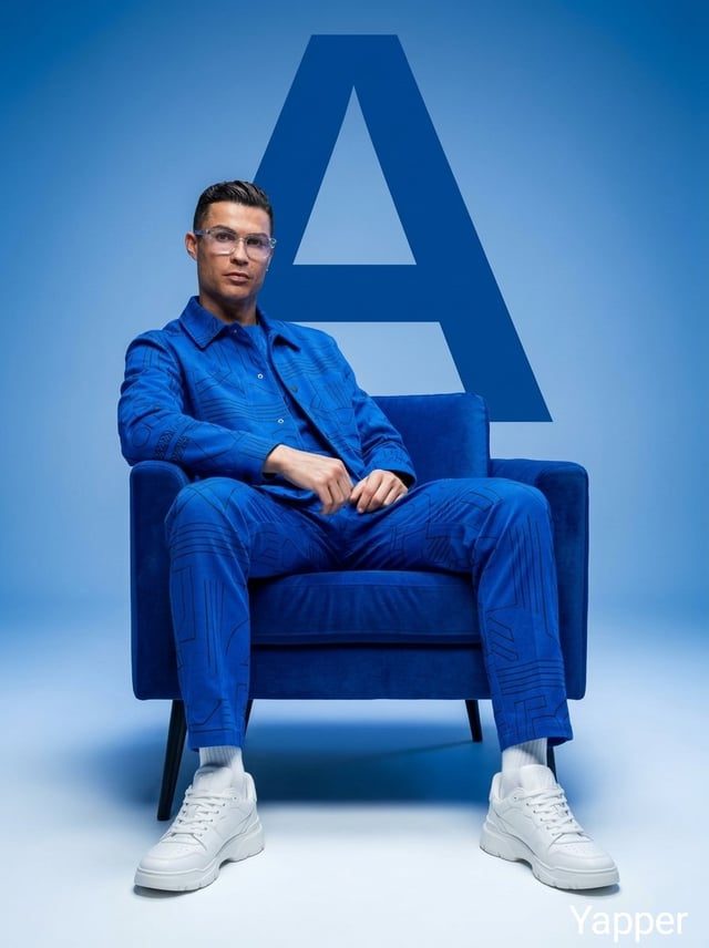 Minimalist fashion studio photoshoot featuring stylish people sitting confidently on a modern chair,