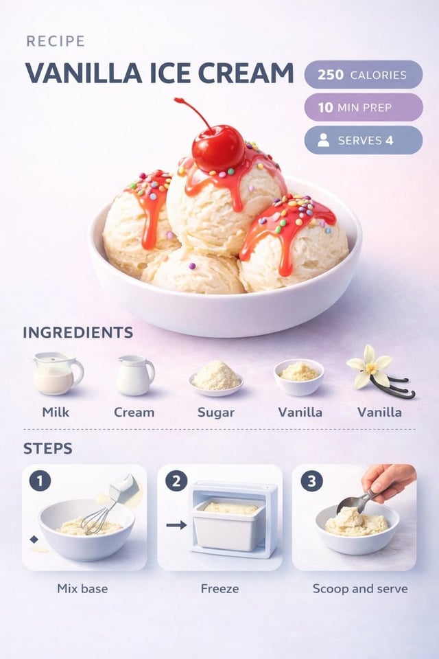 Ultra-clean modern recipe infographic. Showcase Vanilla Ice Cream Scoops with syrup and toppings in 