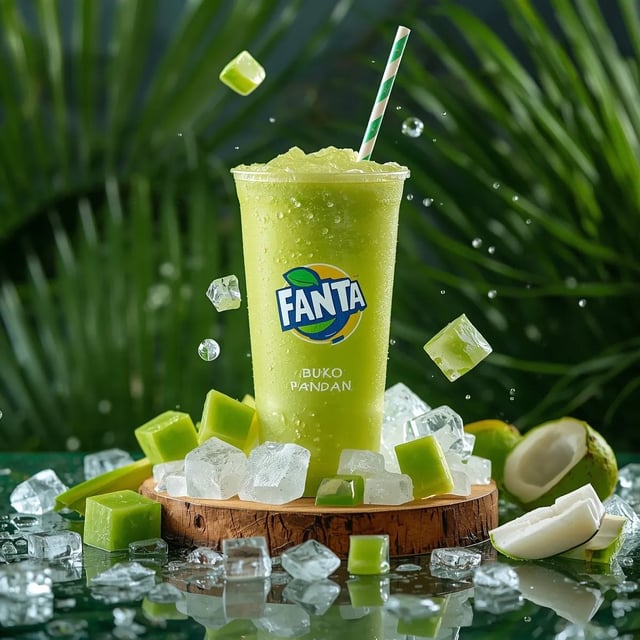 Ultra-realistic commercial product photography of a cold green tropical drink in a transparent plast