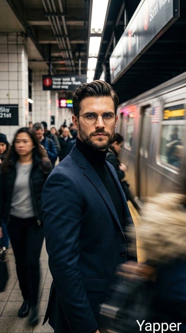 Cinematic portrait of a stylish man standing on a busy subway platform, wearing a dark tailored suit
