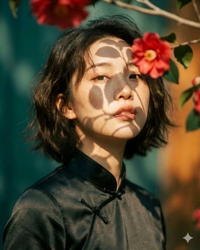 Artistic portrait of an elegant Asian woman wearing a black silk cheongsam (qipao), standing among r
