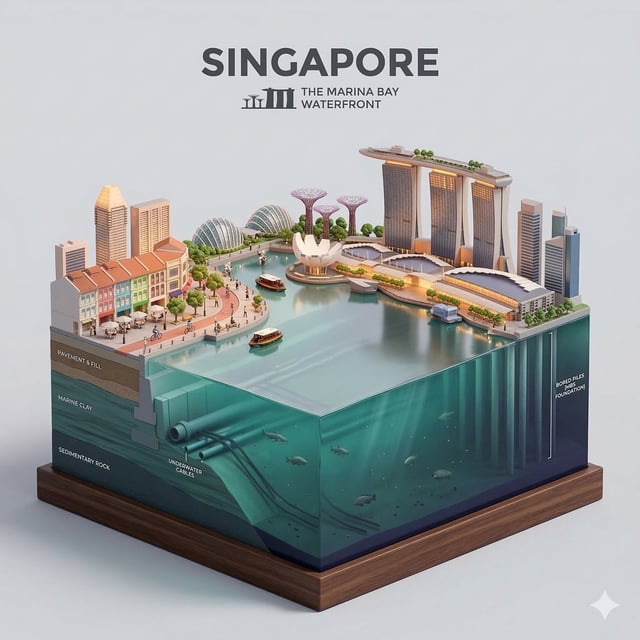Present a clear, side-facing isometric miniature 3D cartoon diorama of [CITY] along the [WATERFRONT]