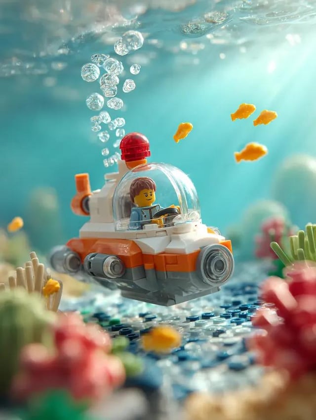 Surrounding the submarine are multiple small bright yellow LEGO fish swimming at different depths, w