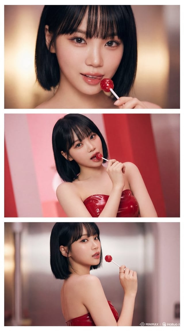 Create a 3-image vertical collage (aspect ratio 9:16) featuring Le Sserafim's Kim Chaewon, showcasin