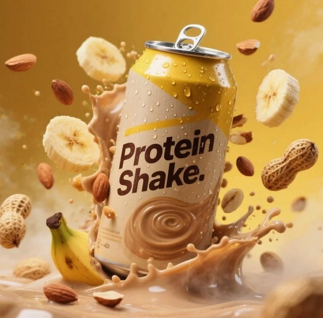 Hyper-realistic product advertisement of a protein shake can with yellow and cream design, surrounde