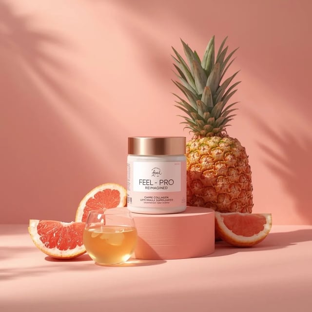 Minimalist luxury product photography of a collagen supplement jar placed on a soft pastel peach bac