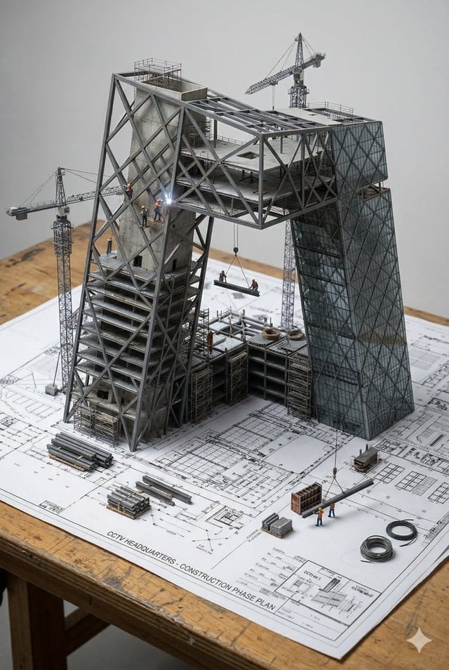 An architectural blueprint of {BUILDING_NAME} placed on a {SURFACE}, with a photorealistic miniature