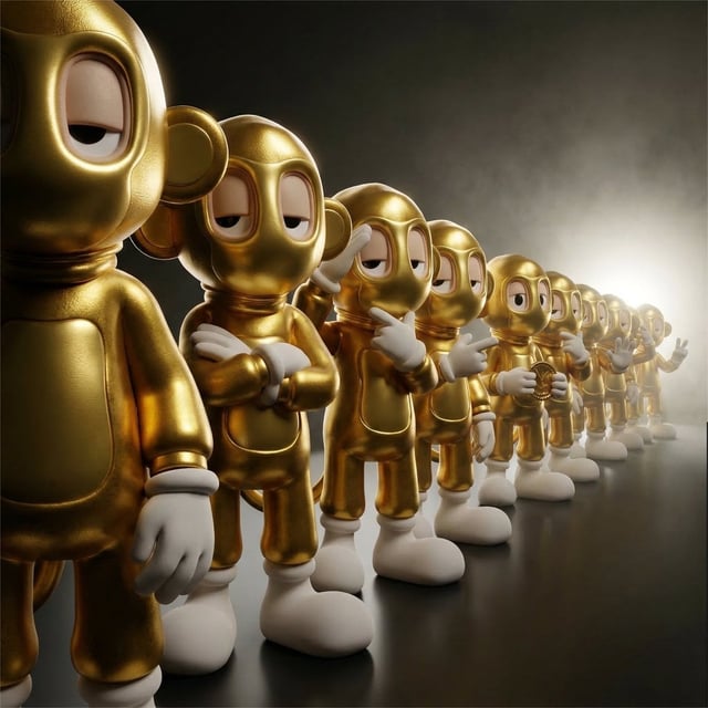 A detailed, collectible-style 3D render of a linear procession of twelve identical figures, viewed i