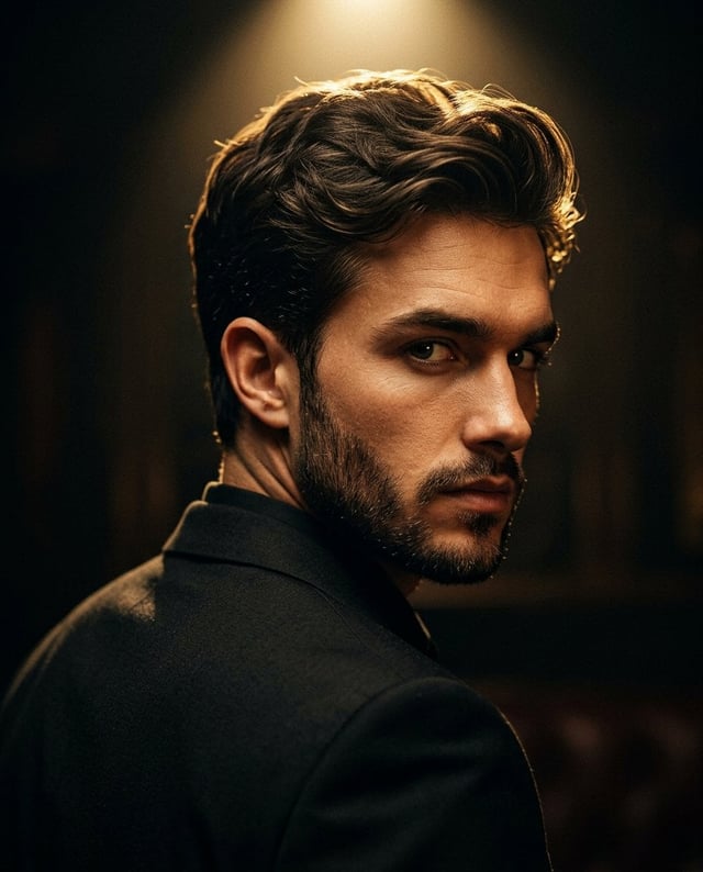 Ultra-realistic cinematic portrait of a stylish man in a black suit, captured from behind with his h
