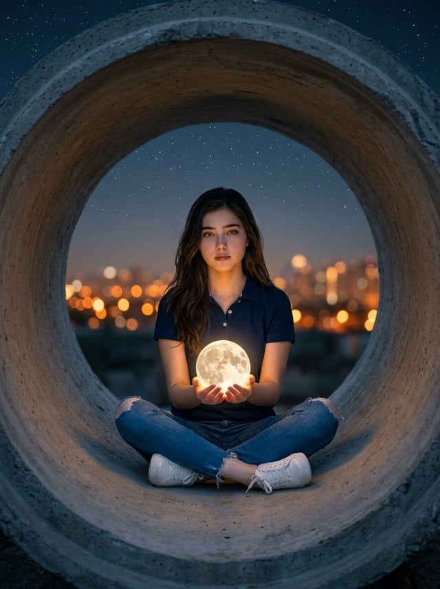 Hyper-realistic surreal photography of a woman sitting inside a massive, rough concrete pipe, featur