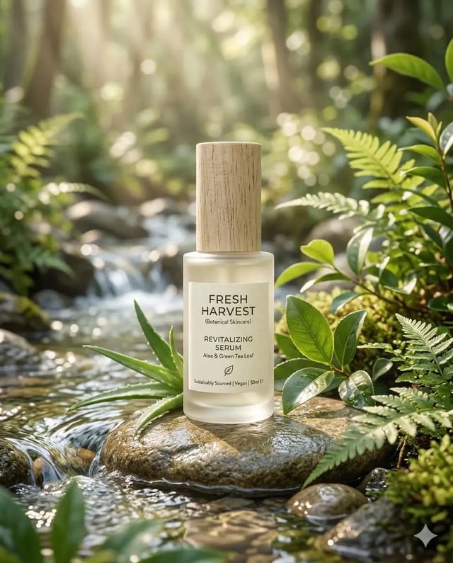 Eco-Friendly Skincare Product “Minimalist skincare bottle made of frosted glass, placed in a serene 