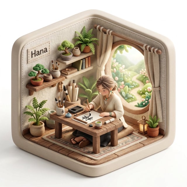 Create a 3D isometric diorama illustration of an original character named [CHARACTER NAME], peaceful