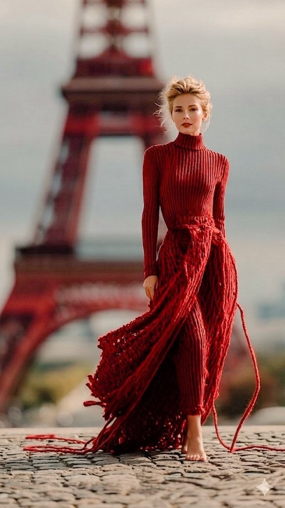 The Eiffel Tower is wrapped in an unreal, surreal layer of vibrant red yarn, as if Paris has been so