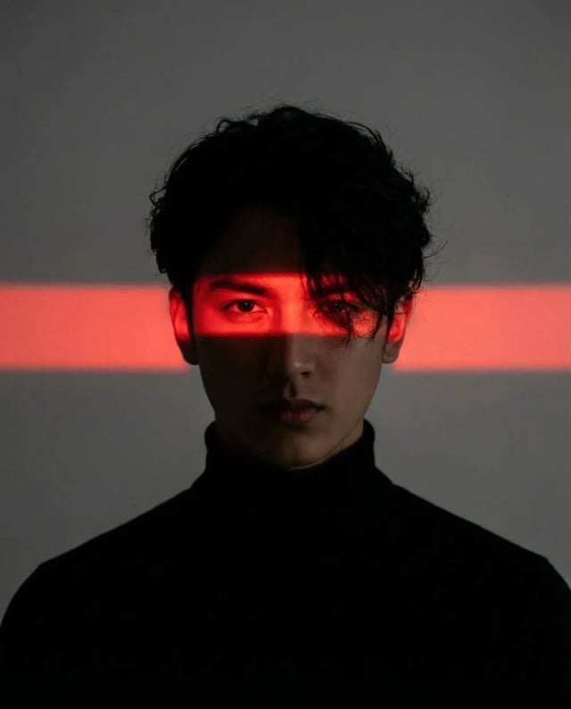 Cinematic studio portrait of a young man with messy textured hair, wearing a black turtleneck, cente