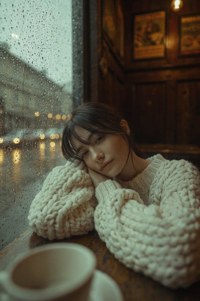 A cinematic, high-resolution portrait of a young woman with dark hair and soft bangs, leaning her he