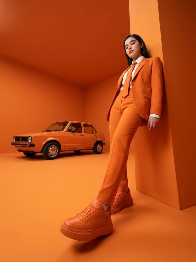 High-fashion editorial photography of a woman with the uploaded face as reference, leaning casually 