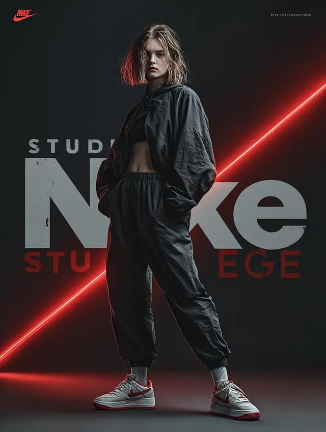 A dynamic fashion advertisement for Nike showing a hyper-realistic model mid-twist jump, light trail