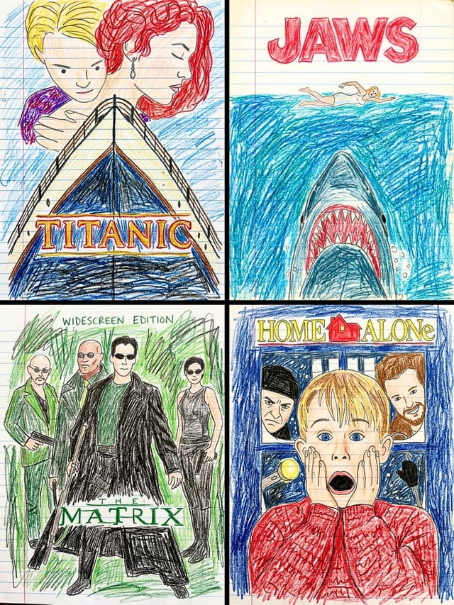 Transform this movie poster into a child’s crayon drawing on lined notebook paper. Every composition