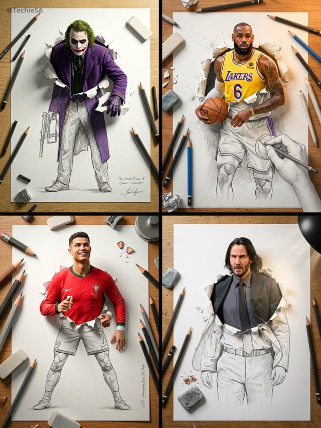 A stunning Trompe L’oeil 3D composition, where the subject—using an uploaded face as reference—appea