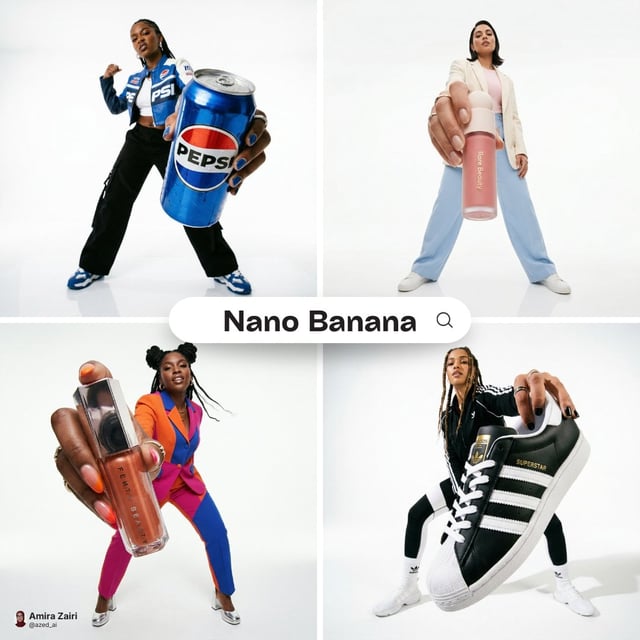 Low-angle fashion campaign photograph of a confident model holding a large [product name] very close