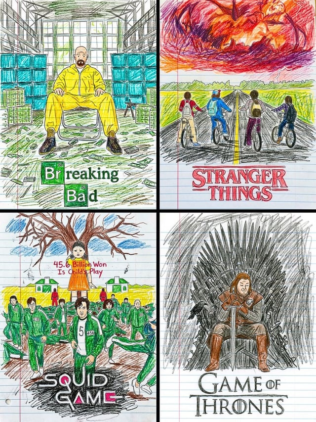 Transform this movie poster into a child’s crayon drawing on lined notebook paper. Every composition