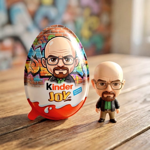 A hyper-realistic product photo of a Kinder Joy surprise egg sitting on a wooden table. The egg pack