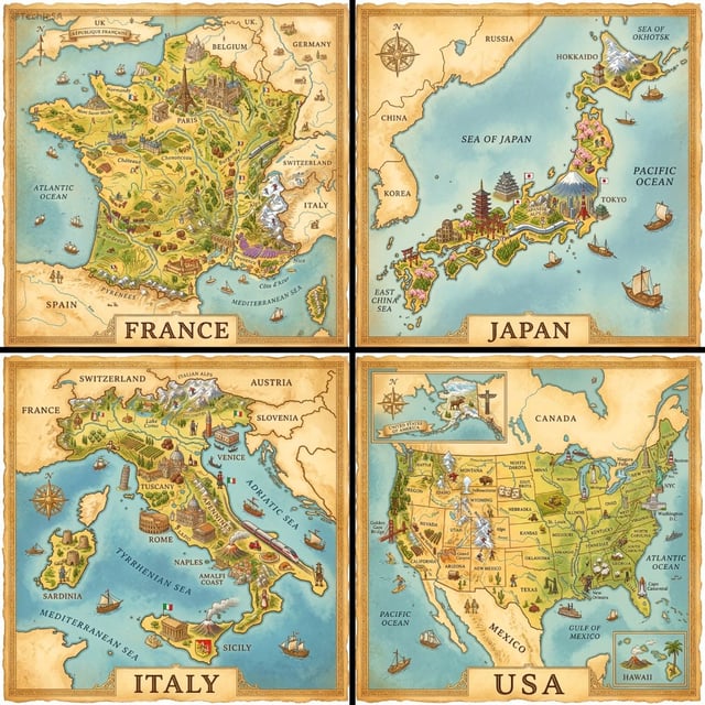 A hand-painted isometric bird’s-eye view illustration of [COUNTRY] in a vintage map style, featuring