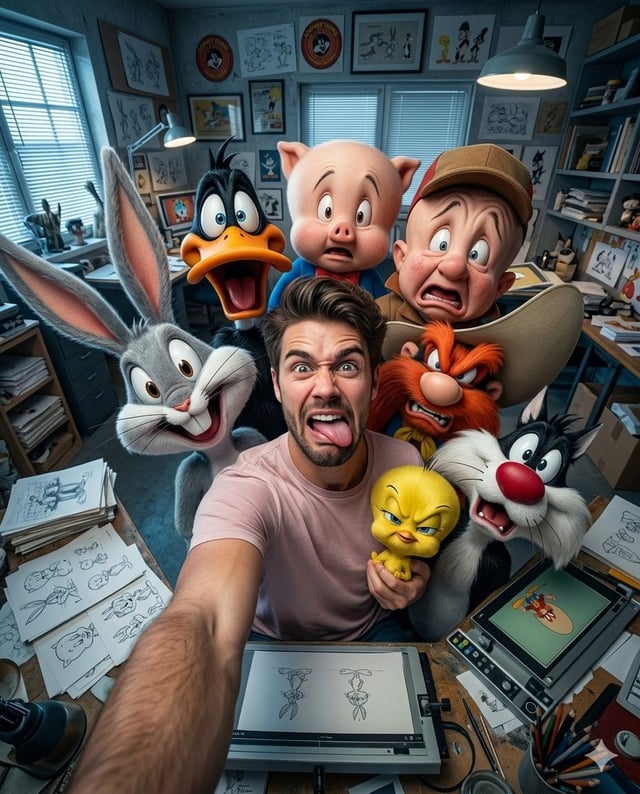 Ultra-realistic 4:5 vertical format ultra wide angle 13mm selfie of me with Bugs Bunny, Daffy Duck, 