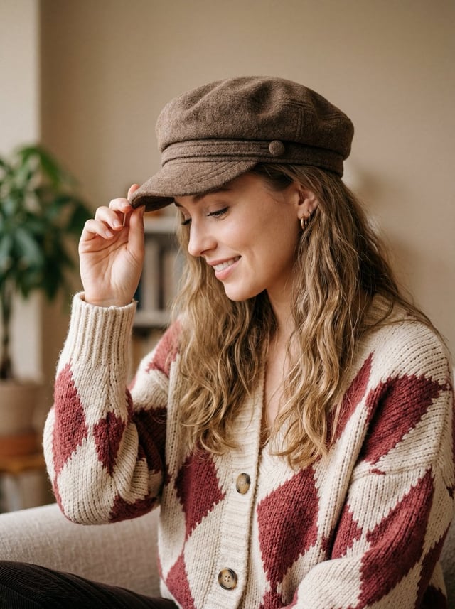 A warm, cozy, and high-quality portrait of a young woman with long, wavy blonde-brown hair, captured