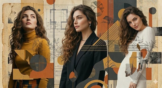A high-resolution, photorealistic three-panel composition featuring a woman with long, voluminous wa