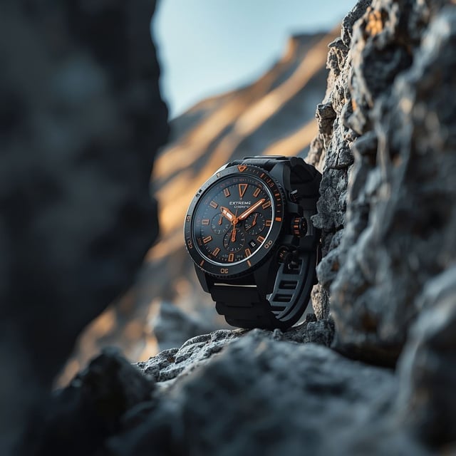 A rugged, matte-black chronograph watch with bold orange accents is tightly framed between two textu