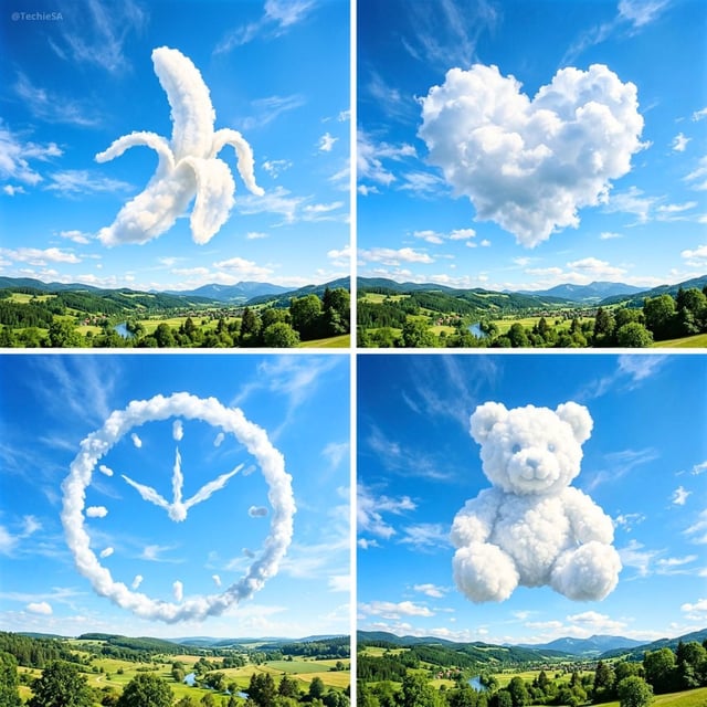 Create an ultra-realistic sky scene where soft, natural cloud formations organically assemble into t